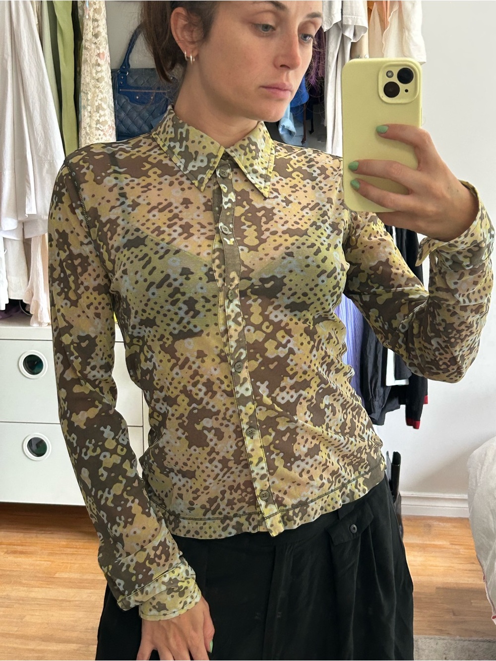 VINTAGE mexx sheer Abstract Camo Button-Front Shirt - Green/Brown